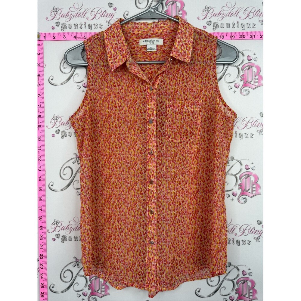Liz Claiborne Sleeveless Button-Down Blouse in Coral, Pink and Yellow Print